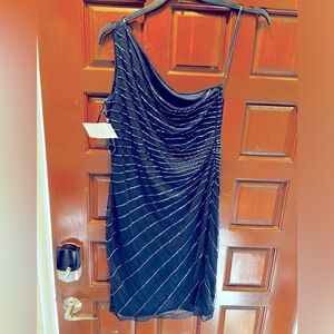 One shoulder navy silver-sequins cocktail dress